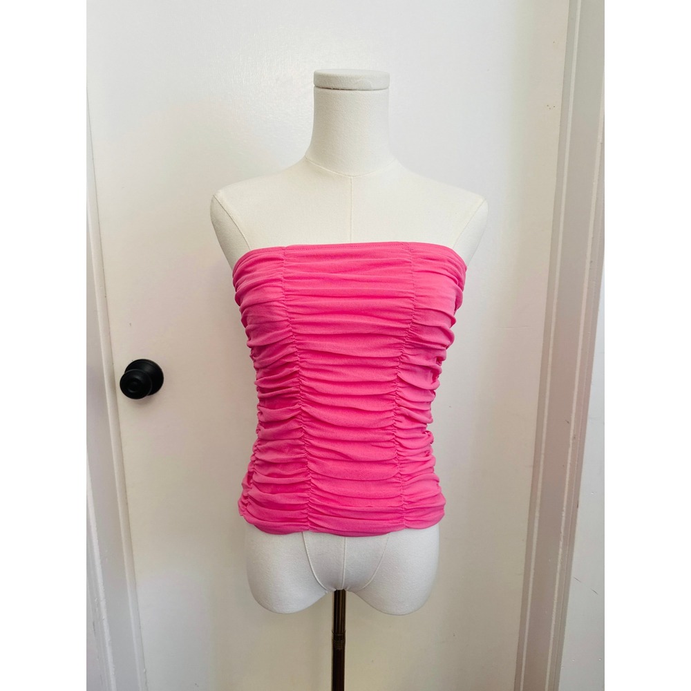 Pink Ruched Tube Top Strapless Stretchy Bodycon Tank Y2K Style Hot Pink